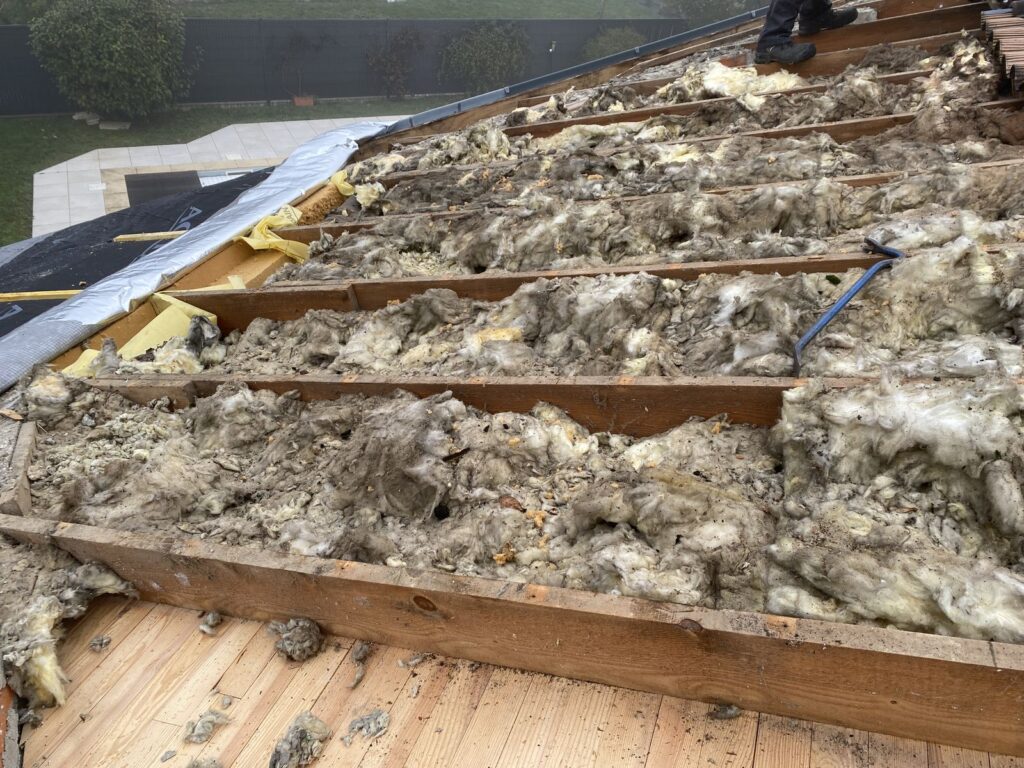 Isolation des rampants de toiture en fibre de bois par la méthode sarking réalisée à Toulouse - Dépose ancien isolant