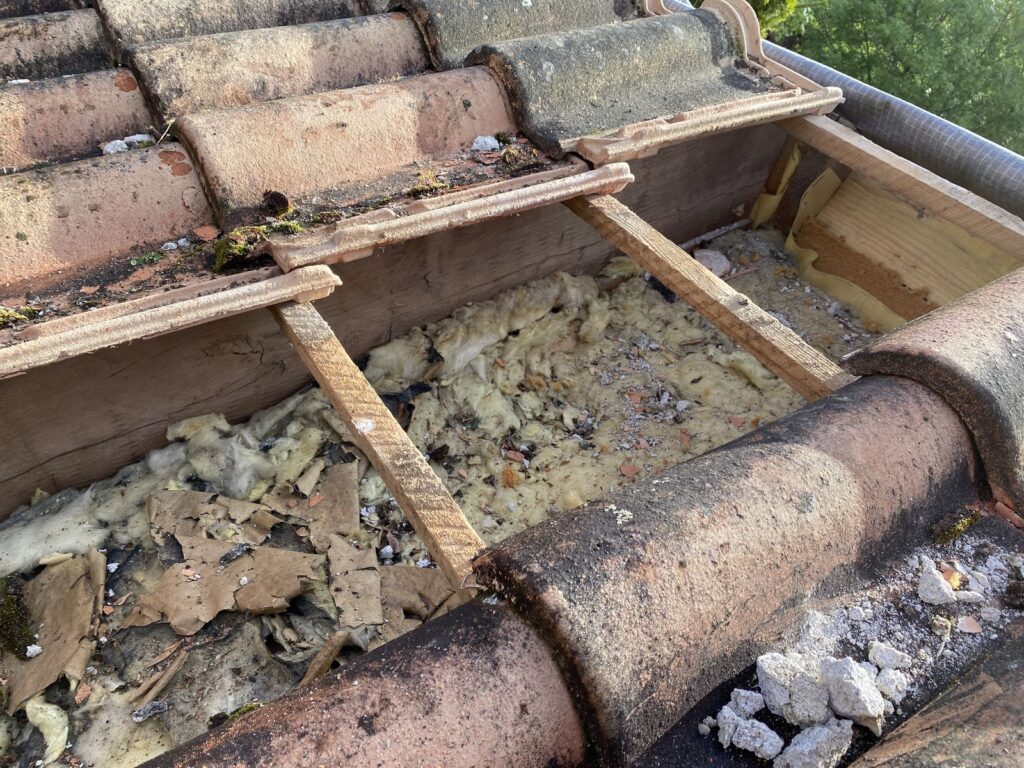Isolation des rampants de toiture en fibre de bois par la méthode sarking réalisée à Toulouse - Dépose des tuiles